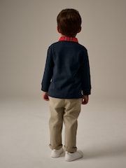 Navy Blue Tartan Collar Long Sleeve 100% Cotton Polo Shirt (3mths-7yrs) - Image 3 of 7