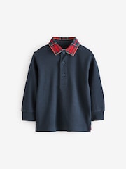 Navy Blue Tartan Collar Long Sleeve 100% Cotton Polo Shirt (3mths-7yrs) - Image 4 of 7