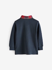 Navy Blue Tartan Collar Long Sleeve 100% Cotton Polo Shirt (3mths-7yrs) - Image 5 of 7