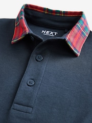 Navy Blue Tartan Collar Long Sleeve 100% Cotton Polo Shirt (3mths-7yrs) - Image 6 of 7
