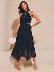 Lipsy Navy Blue Halter Pleated Lace Midi Dress - Image 1 of 4