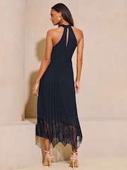 Lipsy Navy Blue Halter Pleated Lace Midi Dress - Image 2 of 4