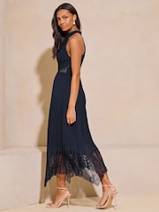 Lipsy Navy Blue Halter Pleated Lace Midi Dress - Image 3 of 4