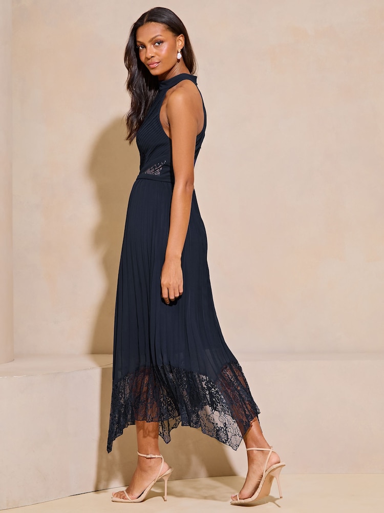 Lipsy Navy Blue Halter Pleated Lace Midi Dress - Image 3 of 4