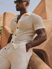 Tailored Athlete Cream Muscle Fit Two Tone Crochet Knitted Shirt - Image 1 of 6