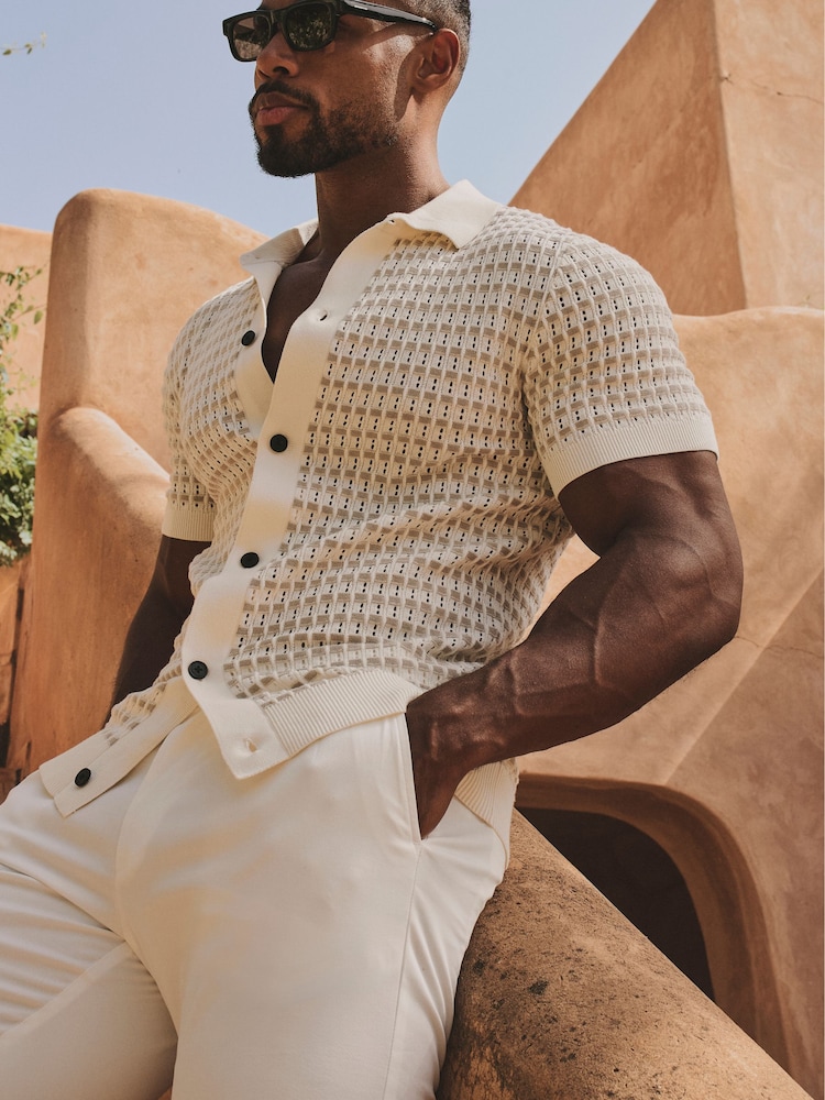 Tailored Athlete Cream Muscle Fit Two Tone Crochet Knitted Shirt - Image 1 of 6 Tailored Athlete Cream Muscle Fit Two Tone Crochet Knitted Shirt - Image 1 of 6