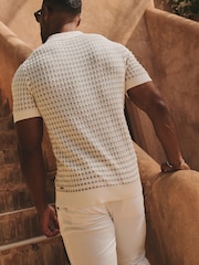Tailored Athlete Cream Muscle Fit Two Tone Crochet Knitted Shirt - Image 2 of 6