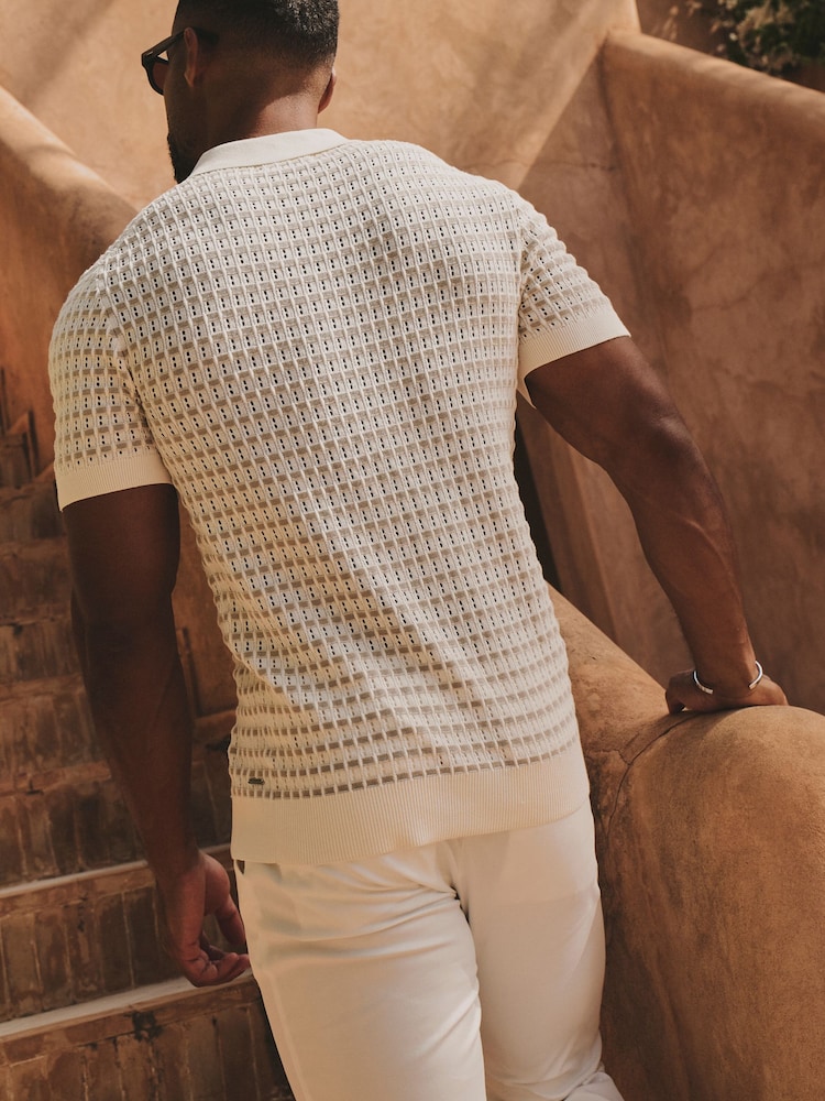 Tailored Athlete Cream Muscle Fit Two Tone Crochet Knitted Shirt - Image 2 of 6 Tailored Athlete Cream Muscle Fit Two Tone Crochet Knitted Shirt - Image 2 of 6