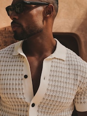 Tailored Athlete Cream Muscle Fit Two Tone Crochet Knitted Shirt - Image 3 of 6