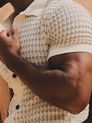Tailored Athlete Cream Muscle Fit Two Tone Crochet Knitted Shirt - Image 4 of 6