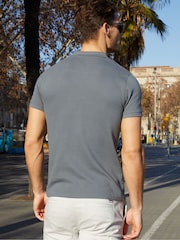 Threadbare Dark Grey 100% Cotton Polo Shirt With Herringbone Detail Collar - Image 2 of 4