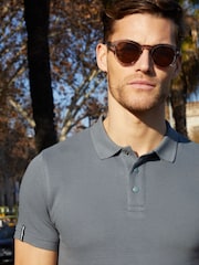 Threadbare Dark Grey 100% Cotton Polo Shirt With Herringbone Detail Collar - Image 4 of 4