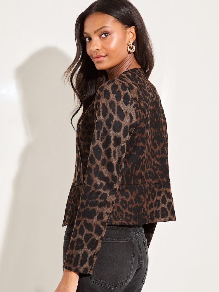 Lipsy Brown Animal Cropped Collarless Blazer Jacket - Image 4 of 4 Lipsy Brown Animal Cropped Collarless Blazer Jacket - Image 4 of 4