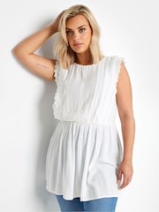 Yours Curve White 100% Cotton Crinkle Dobby Detail Peplum Top - Image 1 of 5