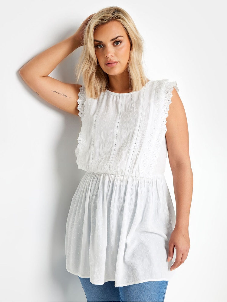 Yours Curve White 100% Cotton Crinkle Dobby Detail Peplum Top - Image 1 of 5