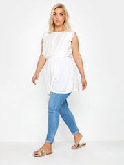 Yours Curve White 100% Cotton Crinkle Dobby Detail Peplum Top - Image 2 of 5