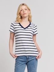 U.S. Polo Assn. Blue Regular Fit Womens Slub Stripe V-Neck 100% Cotton T-Shirt - Image 1 of 7