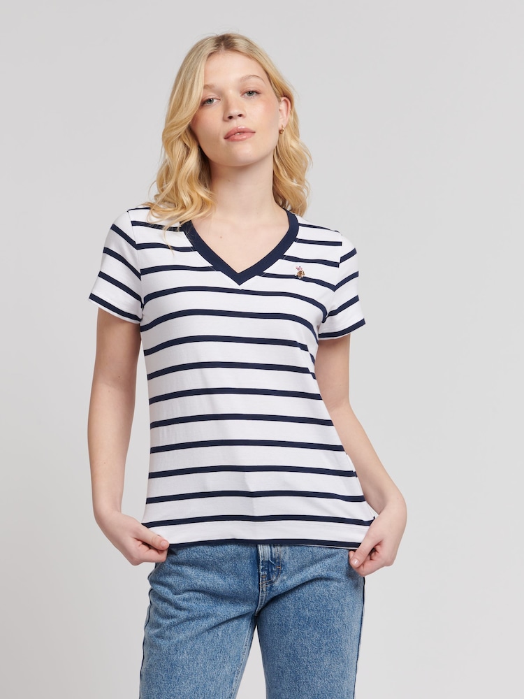 U.S. Polo Assn. Blue Regular Fit Womens Slub Stripe V-Neck 100% Cotton T-Shirt - Image 1 of 7