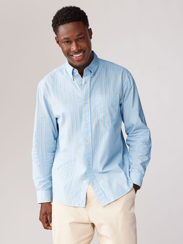 Blue Poplin 100% Cotton Stripe Long Sleeve Shirt - Image 1 of 8