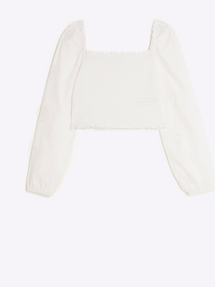 River Island White Girls Shirred Milkmaid 100% Cotton Top - Image 1 of 3