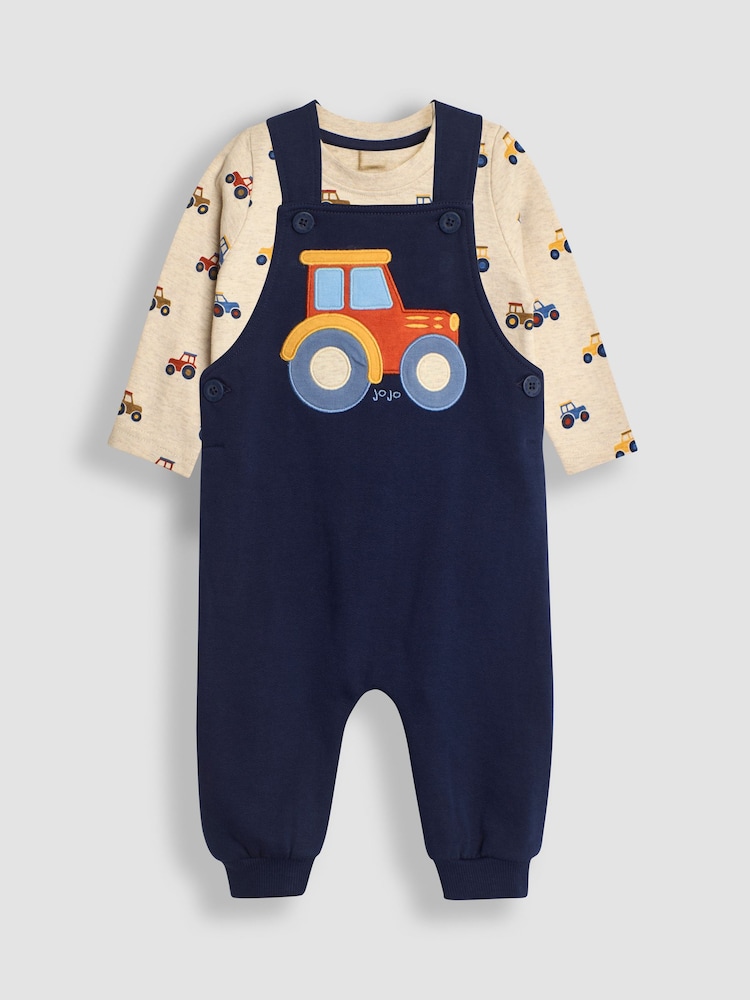 JoJo Maman Bébé Navy Blue Tractor Appliqué Dungarees & Print Top Set - Image 1 of 6