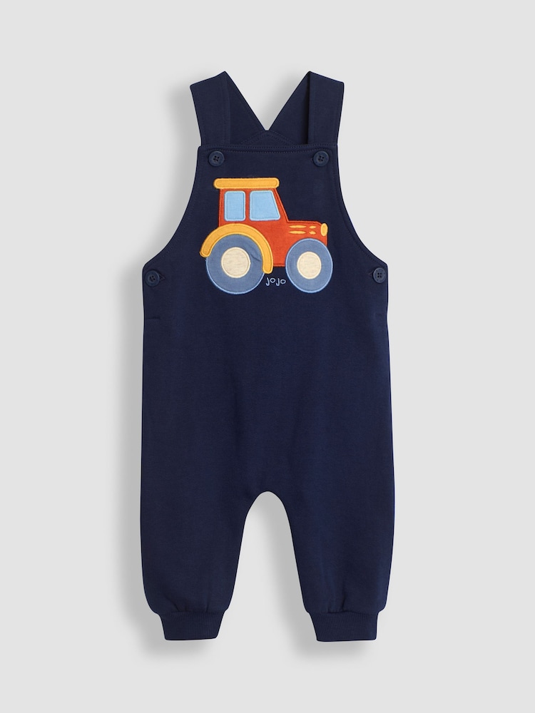 JoJo Maman Bébé Navy Blue Tractor Appliqué Dungarees & Print Top Set - Image 2 of 6