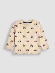 JoJo Maman Bébé Navy Blue Tractor Appliqué Dungarees & Print Top Set - Image 4 of 6