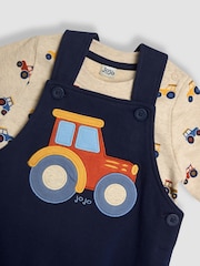 JoJo Maman Bébé Navy Blue Tractor Appliqué Dungarees & Print Top Set - Image 6 of 6