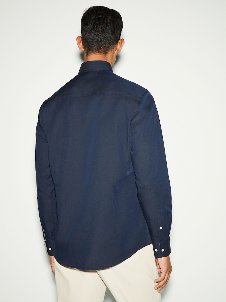 Navy Blue Slim Fit Button Down Easy Iron Oxford Shirt - Image 3 of 5