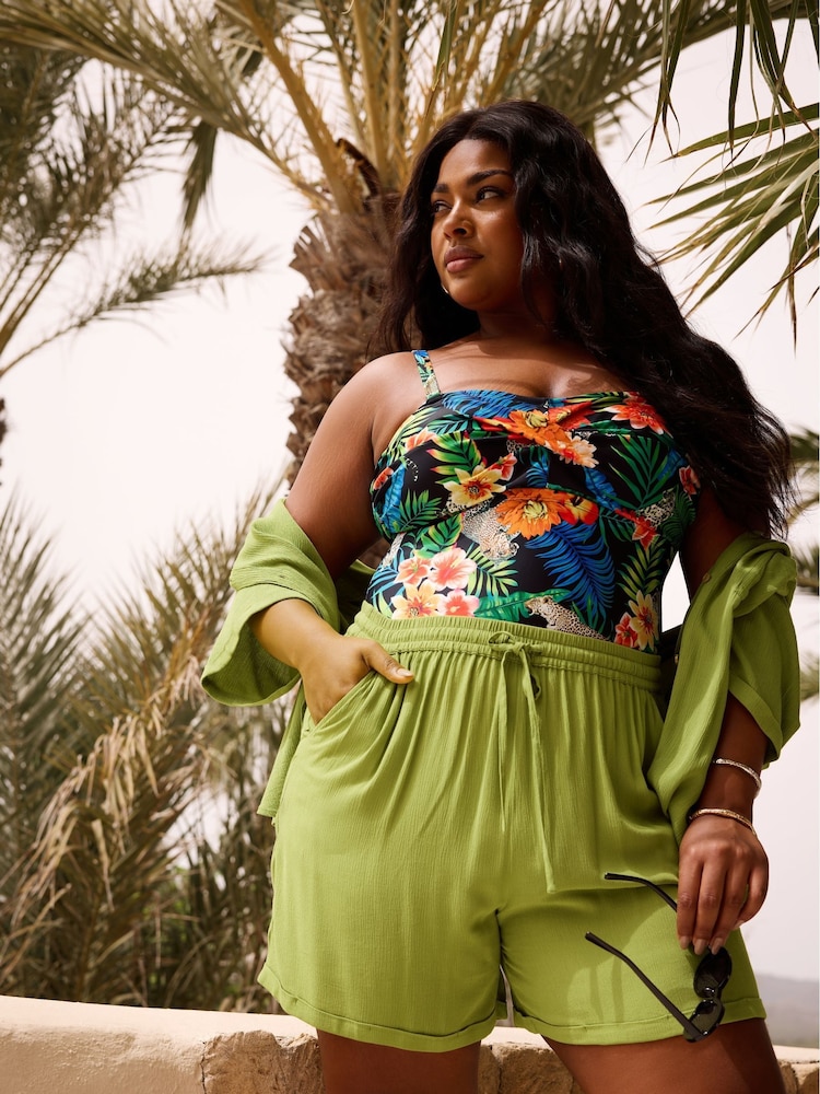 Yours Curve Olive Green Crinkle Shorts - Image 1 of 6