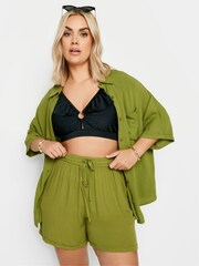 Yours Curve Olive Green Crinkle Shorts - Image 2 of 6