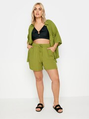 Yours Curve Olive Green Crinkle Shorts - Image 3 of 6