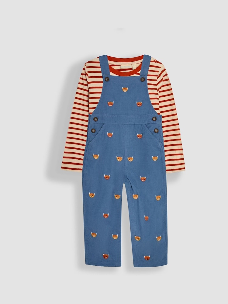 JoJo Maman Bébé Denim Highland Cow Embroidered Dungarees And Top Set - Image 1 of 6
