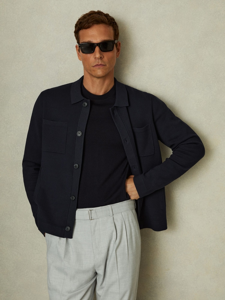 Reiss Navy Forester Knitted Button-Through Jacket - Image 1 of 5