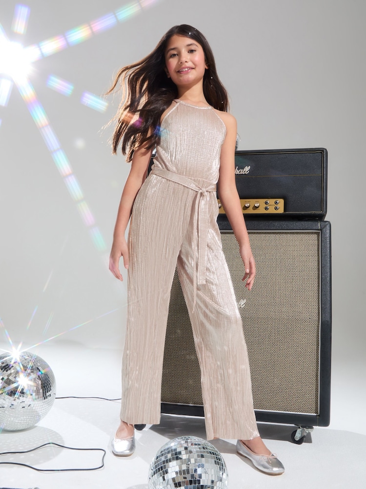 Lipsy Silver Halterneck Metallic Pleated Jumpsuit (5-16yrs) - Image 1 of 4