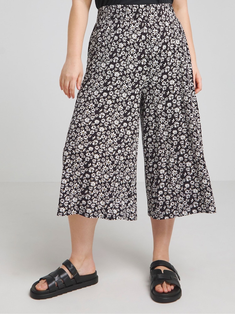 Simply Be Mono Floral Print Viscose Wide Leg Culottes - Image 1 of 4