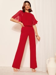 Friends Like These Red Chiffon Flutter Sleeve Wide Leg Jumpsuit - Image 1 of 4