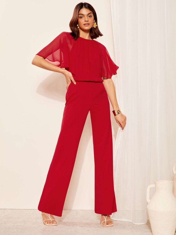 Friends Like These Red Chiffon Flutter Sleeve Wide Leg Jumpsuit - Image 1 of 4