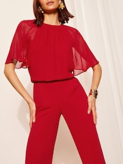 Friends Like These Red Chiffon Flutter Sleeve Wide Leg Jumpsuit - Image 2 of 4