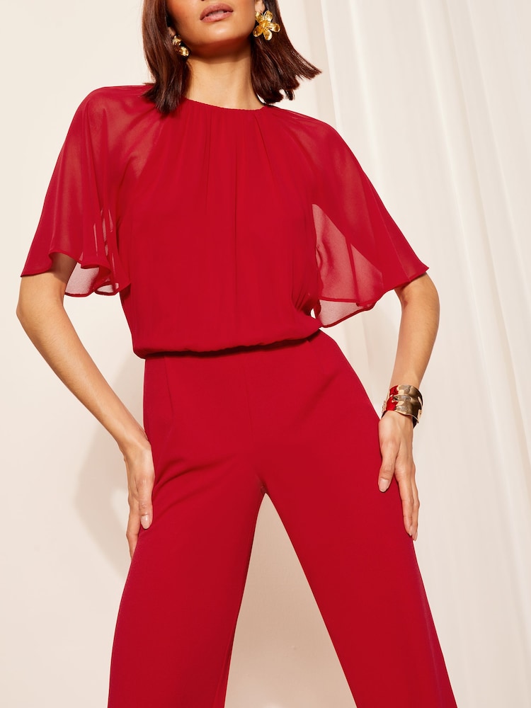 Friends Like These Red Chiffon Flutter Sleeve Wide Leg Jumpsuit - Image 2 of 4