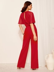 Friends Like These Red Chiffon Flutter Sleeve Wide Leg Jumpsuit - Image 3 of 4