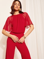 Friends Like These Red Chiffon Flutter Sleeve Wide Leg Jumpsuit - Image 4 of 4