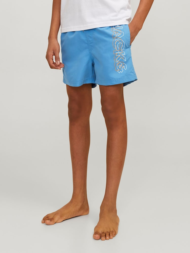JACK & JONES JUNIOR Blue Side Logo Swim Shorts - Image 1 of 8 JACK & JONES JUNIOR Blue Side Logo Swim Shorts - Image 1 of 8