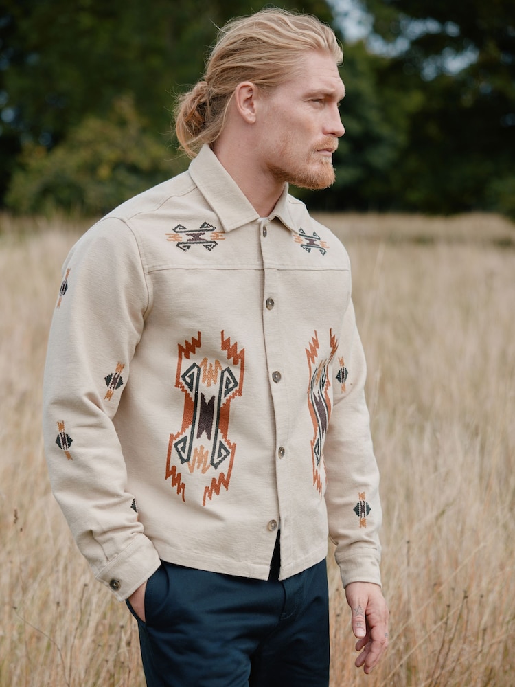 Natural Print Embroidered Shacket - Image 1 of 10