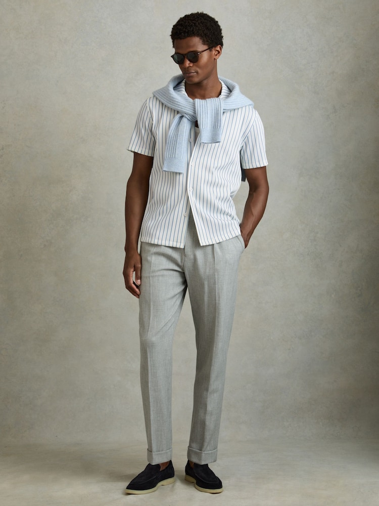 Reiss White/Soft Blue Neptune Ribbed Striped Cuban Collar Shirt - Image 1 of 5