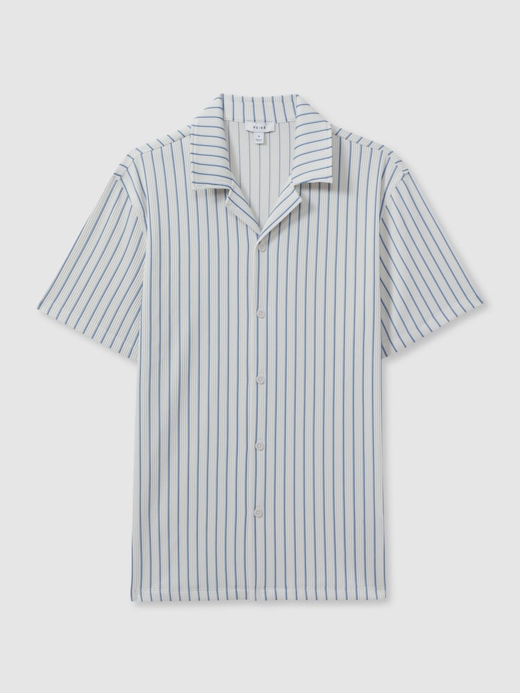 Reiss White/Soft Blue Neptune Ribbed Striped Cuban Collar Shirt - Image 2 of 5