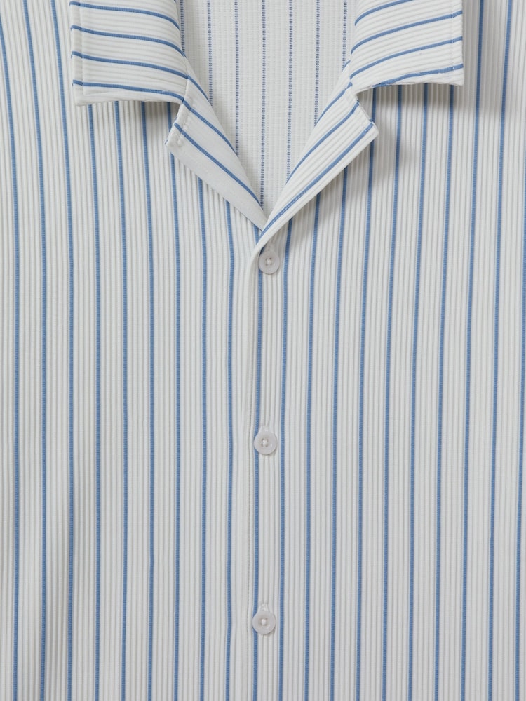 Reiss White/Soft Blue Neptune Ribbed Striped Cuban Collar Shirt - Image 5 of 5