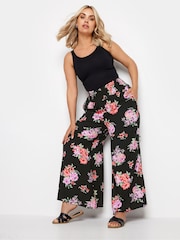 Yours Curve Black Floral Bloom Print Shirred Wide Leg Trousers - Image 2 of 5