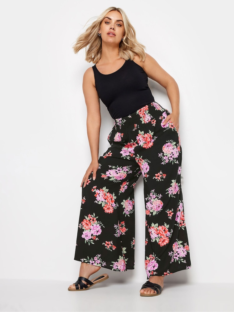 Yours Curve Black Floral Bloom Print Shirred Wide Leg Trousers - Image 2 of 5