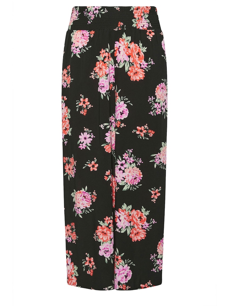 Yours Curve Black Floral Bloom Print Shirred Wide Leg Trousers - Image 5 of 5